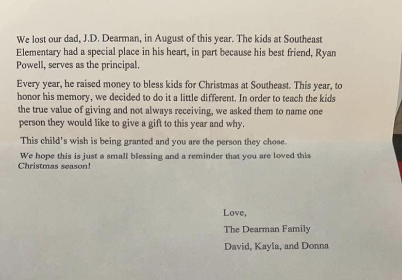 letter from the JD Dearman family 